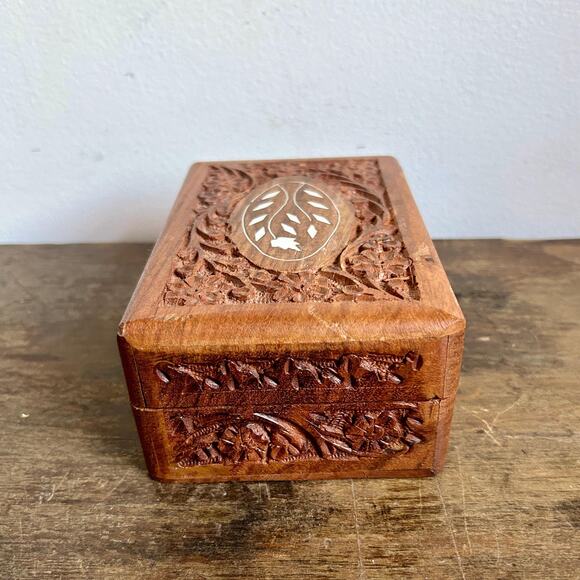 Vintage Carved Mango Wood Decorative Box with Inlay | Rustic Accent Decor - Picture 6 of 7